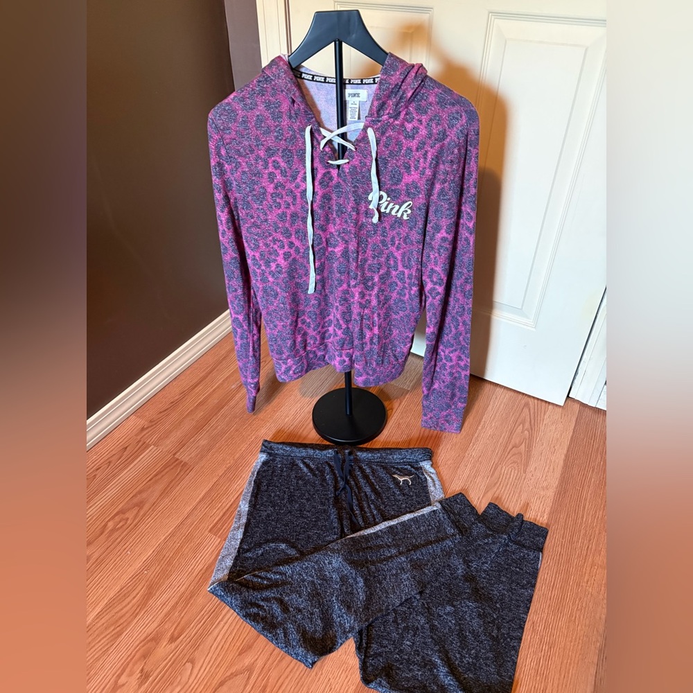 PINK Victoria's Secret Black and Pink Logo Hoodie